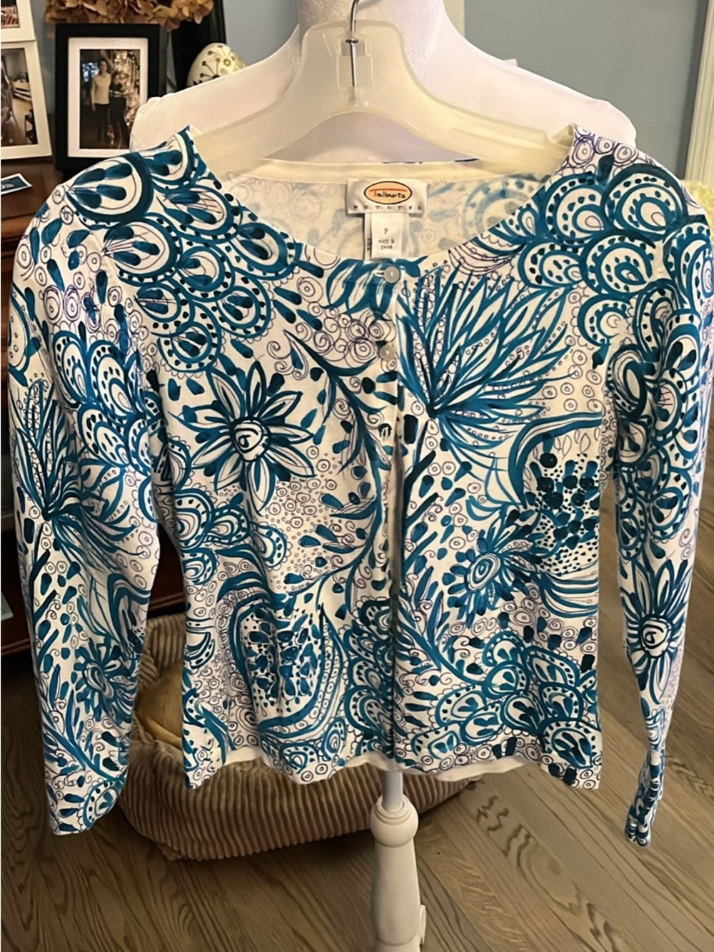 Talbots White Cardigan with Teal Floral Paisley Print